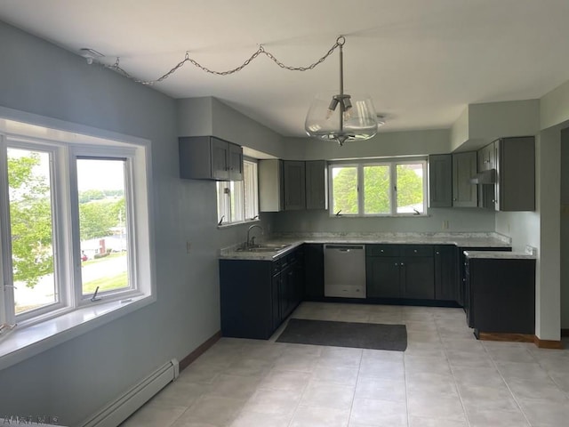 kitchen with dishwasher, a baseboard radiator, a healthy amount of sunlight, and sink