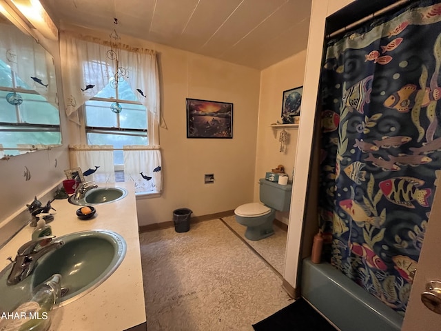 full bathroom featuring vanity, toilet, and shower / bathtub combination with curtain