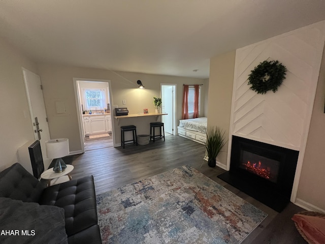 living room with dark hardwood / wood-style flooring and a fireplace