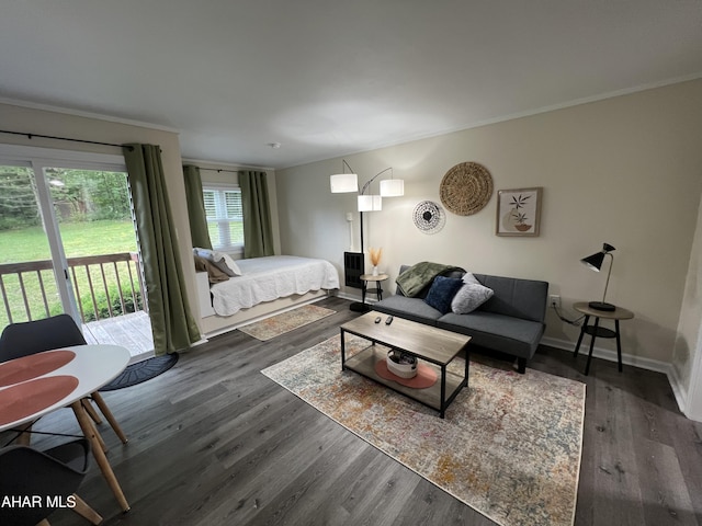 bedroom featuring dark hardwood / wood-style floors, ornamental molding, and access to outside