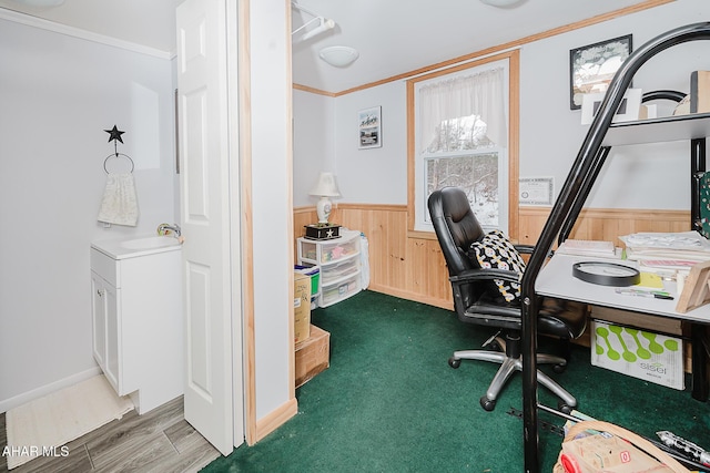 office space with wood walls, ornamental molding, and dark hardwood / wood-style floors