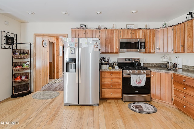 kitchen with light wood-type flooring and appliances with stainless steel finishes