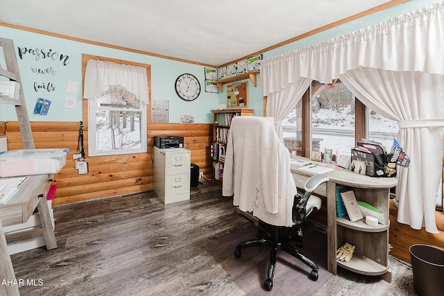 office area featuring ornamental molding, wooden walls, and dark wood-type flooring