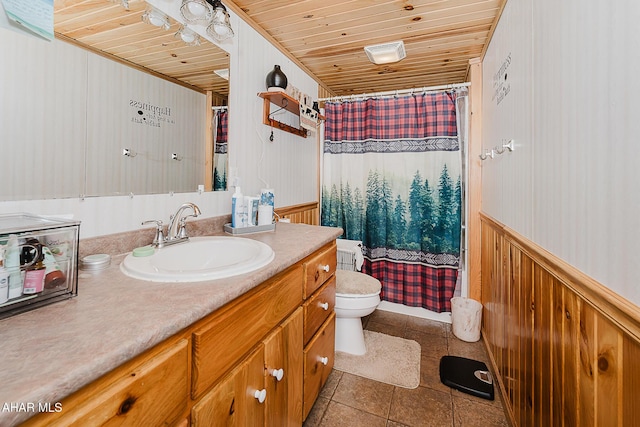 bathroom with wooden ceiling, wooden walls, toilet, and vanity