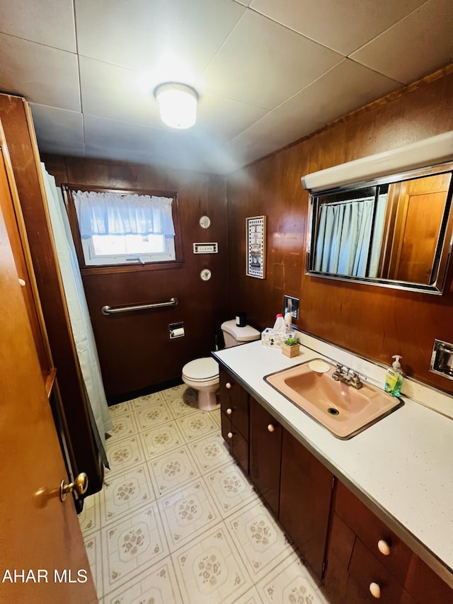 bathroom with wooden walls, vanity, and toilet