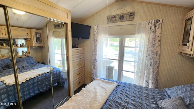 bedroom featuring carpet, lofted ceiling, multiple windows, and a closet