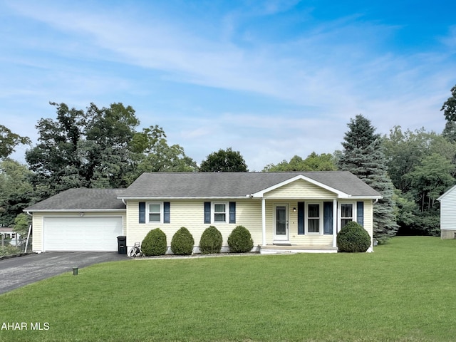 1647 Saint Francis Ln, Altoona, PA 16602 - ranch-style house with asphalt driveway, a front lawn, a garage, and a porch