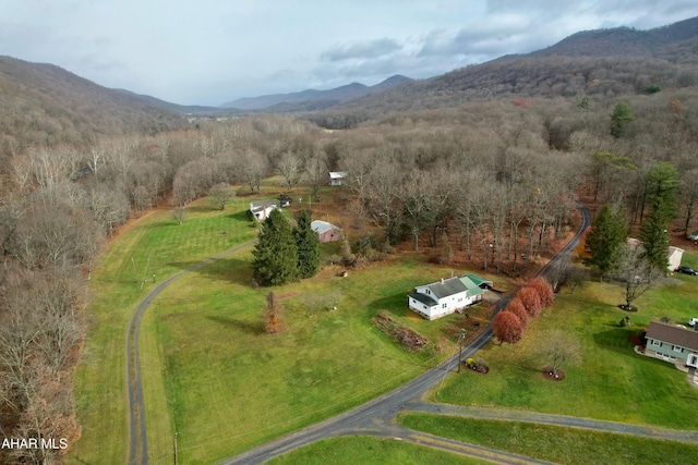 drone / aerial view featuring a mountain view