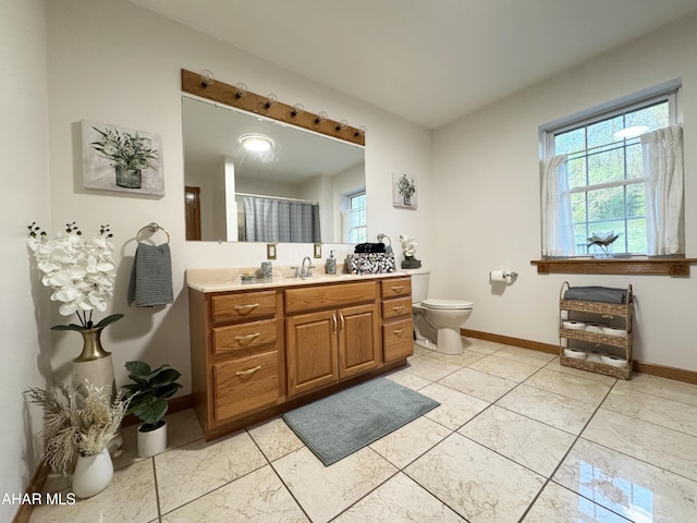 259 Chimney Rocks Rd, Hollidaysburg, PA 16648 - bathroom with vanity, baseboards, toilet, marble finish flooring, and a shower with curtain