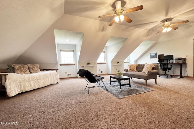 259 Chimney Rocks Rd, Hollidaysburg, PA 16648 - carpeted living room featuring vaulted ceiling, ceiling fan, and an office area