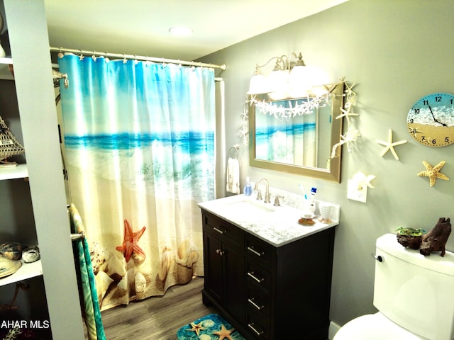 bathroom with vanity, curtained shower, toilet, and wood-type flooring