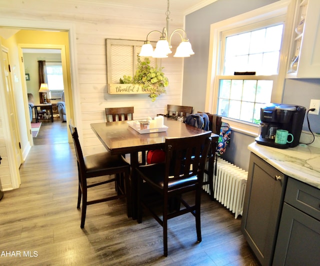 dining room featuring hardwood / wood-style floors, wood walls, an inviting chandelier, crown molding, and radiator heating unit