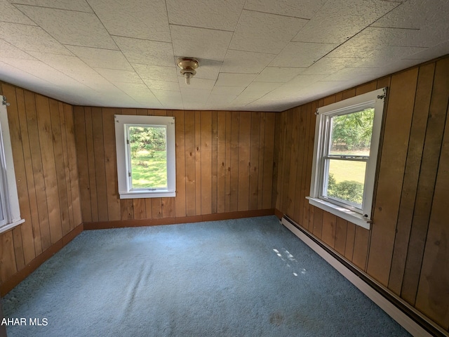 unfurnished room featuring carpet flooring, a healthy amount of sunlight, a baseboard radiator, and wood walls