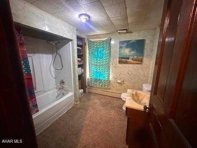 193 Pavia Rd, Imler, PA 16655 - full bathroom with vanity, shower / bath combo with shower curtain, toilet, and baseboard heating