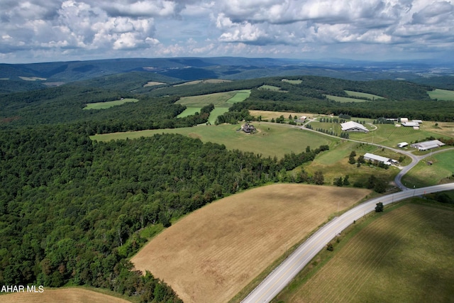 aerial view featuring a mountain view and a rural view