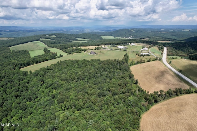 drone / aerial view featuring a mountain view and a rural view