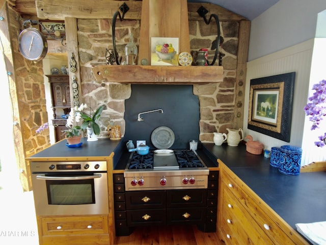 kitchen with dark wood-type flooring, stainless steel appliances, and lofted ceiling