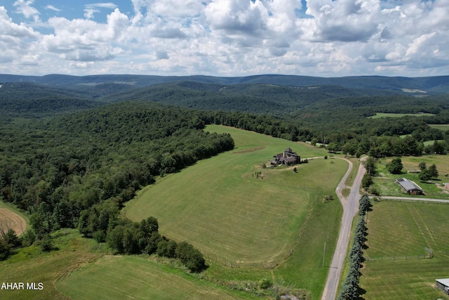 birds eye view of property featuring a mountain view and a rural view