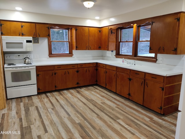 kitchen with sink, light hardwood / wood-style floors, and white appliances