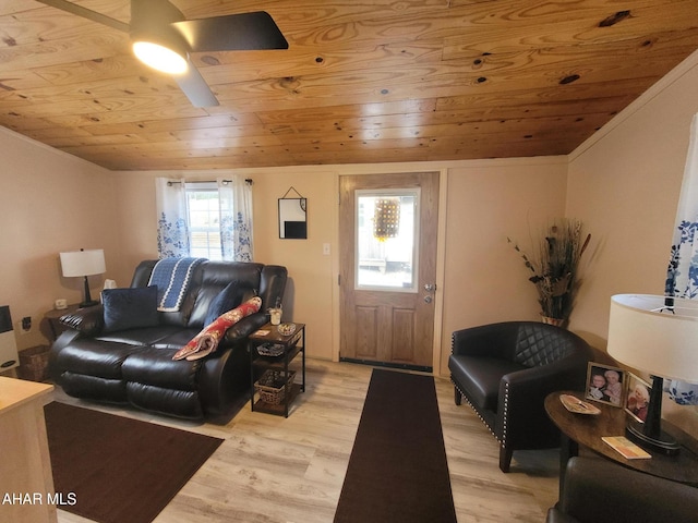 living room featuring ceiling fan, light wood-type flooring, and wood ceiling