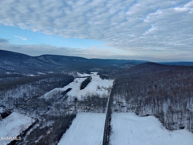 snowy aerial view featuring a mountain view