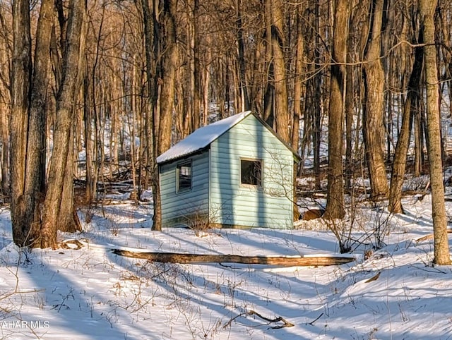 exterior space featuring a shed