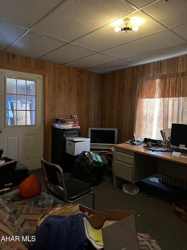 office area featuring wood walls, a drop ceiling, a healthy amount of sunlight, and carpet floors