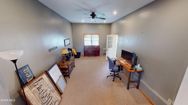 home office with recessed lighting, baseboards, a ceiling fan, and carpet floors