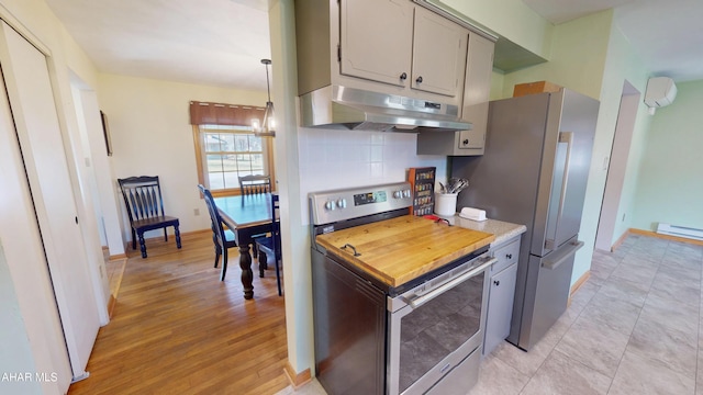 kitchen with under cabinet range hood, baseboard heating, gray cabinets, and stainless steel appliances