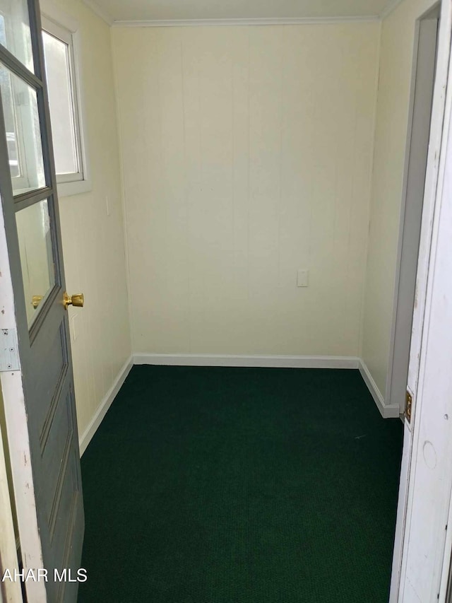 carpeted spare room featuring crown molding