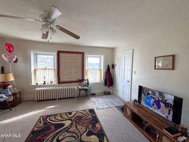 interior space with radiator heating unit, baseboards, and a textured ceiling