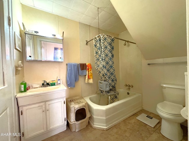 full bath with shower / bath combo, vaulted ceiling, vanity, and toilet