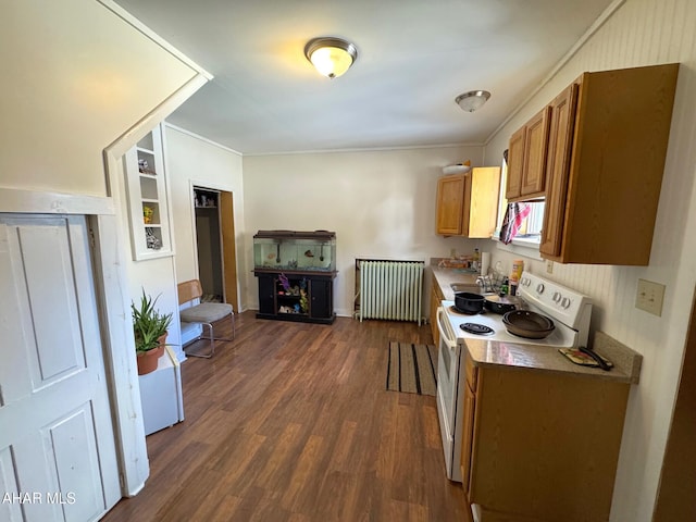 kitchen featuring dark wood-type flooring, radiator, brown cabinets, and white range with electric cooktop