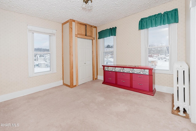 unfurnished bedroom with light colored carpet and a textured ceiling