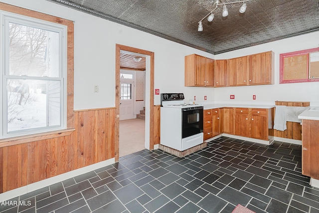 kitchen with crown molding, electric range, and wooden walls