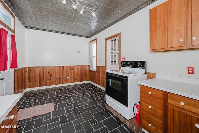 kitchen with range with electric stovetop, ornamental molding, and wood walls