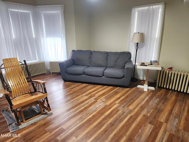 living room featuring radiator and hardwood / wood-style flooring