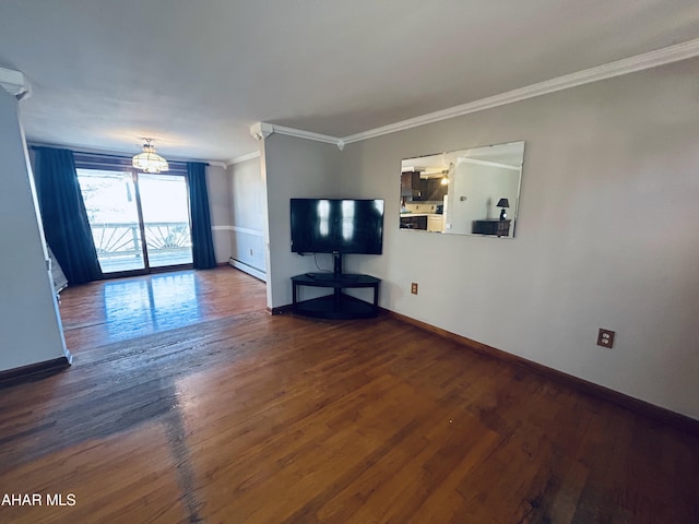 unfurnished living room featuring ceiling fan with notable chandelier, a baseboard radiator, dark hardwood / wood-style floors, and ornamental molding