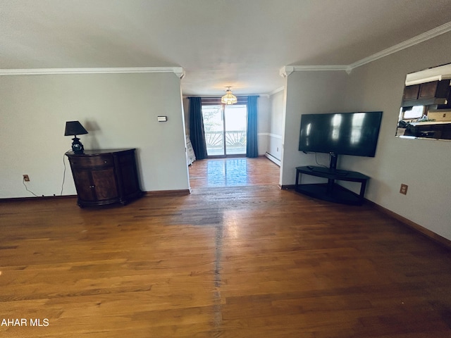 unfurnished living room with hardwood / wood-style flooring and crown molding