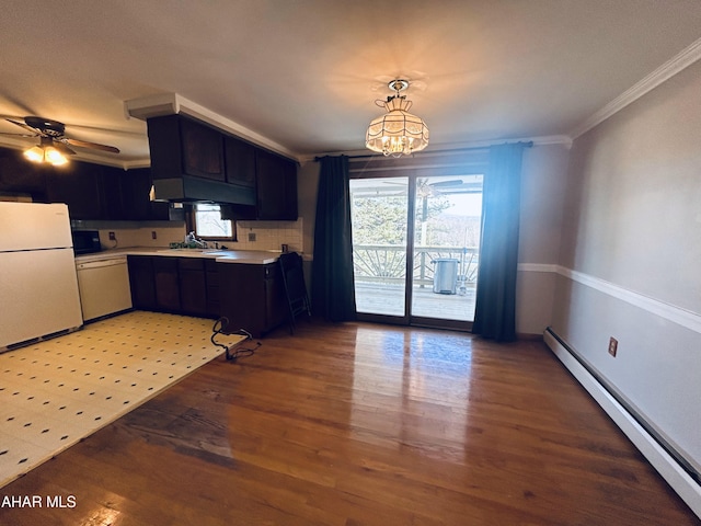 kitchen with a baseboard radiator, backsplash, crown molding, white appliances, and light wood-type flooring