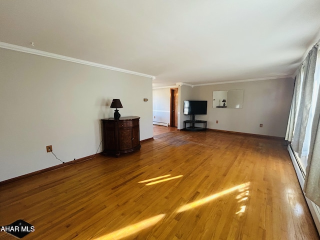 unfurnished living room with crown molding, a baseboard radiator, and hardwood / wood-style flooring