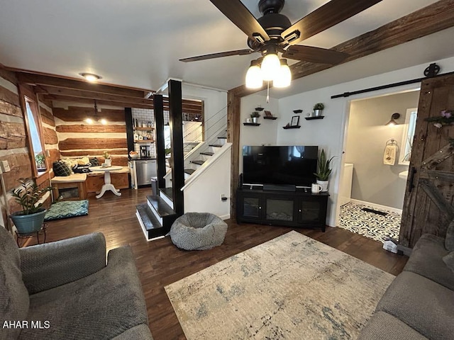 3776 Warriors Mark Path, Warriors Mark, PA 16877 - living room with a barn door, stairway, a ceiling fan, wood finished floors, and beamed ceiling