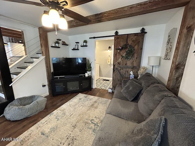 3776 Warriors Mark Path, Warriors Mark, PA 16877 - living area with a barn door, a ceiling fan, wood finished floors, and stairway