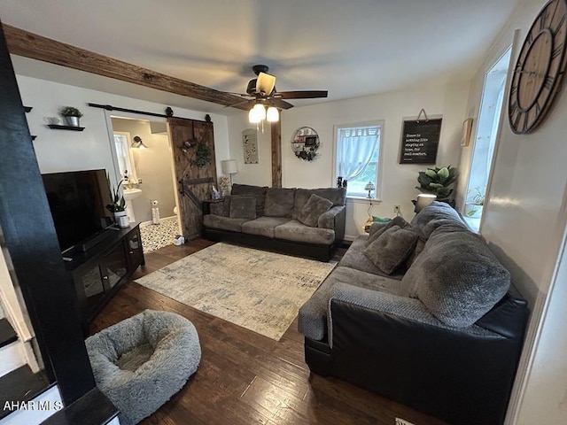 3776 Warriors Mark Path, Warriors Mark, PA 16877 - living room featuring a barn door, wood finished floors, and a ceiling fan