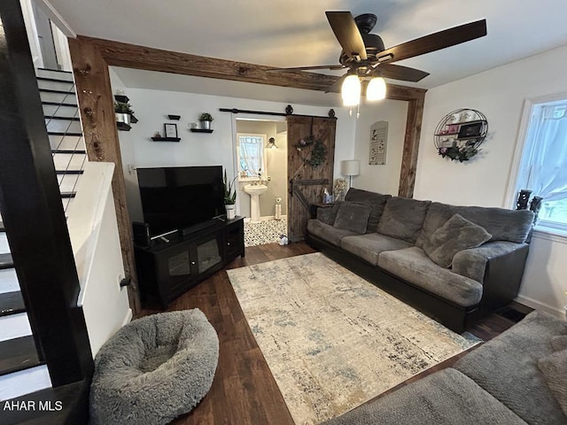 3776 Warriors Mark Path, Warriors Mark, PA 16877 - living area featuring a barn door, a ceiling fan, and wood finished floors