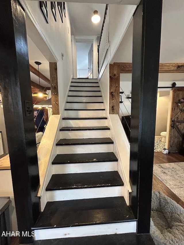 3776 Warriors Mark Path, Warriors Mark, PA 16877 - stairs featuring a barn door and wood finished floors