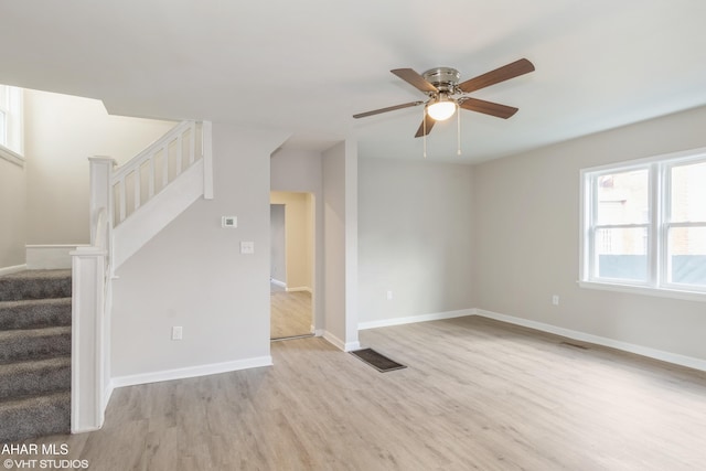 320 2nd Ave, Altoona, PA 16602 - unfurnished living room featuring stairway, visible vents, wood finished floors, and a ceiling fan