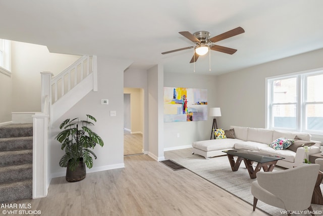 320 2nd Ave, Altoona, PA 16602 - living area featuring stairway, wood finished floors, visible vents, baseboards, and ceiling fan