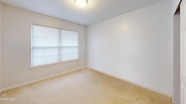 empty room featuring baseboards and light colored carpet