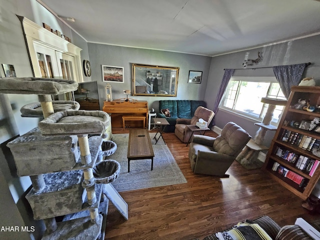 living room featuring crown molding and wood finished floors
